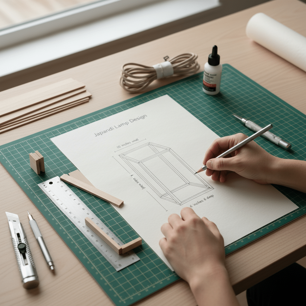 Person sketching Japandi lamp design with tools on desk, featuring ruler, cutting knife, and blueprint on green mat.
