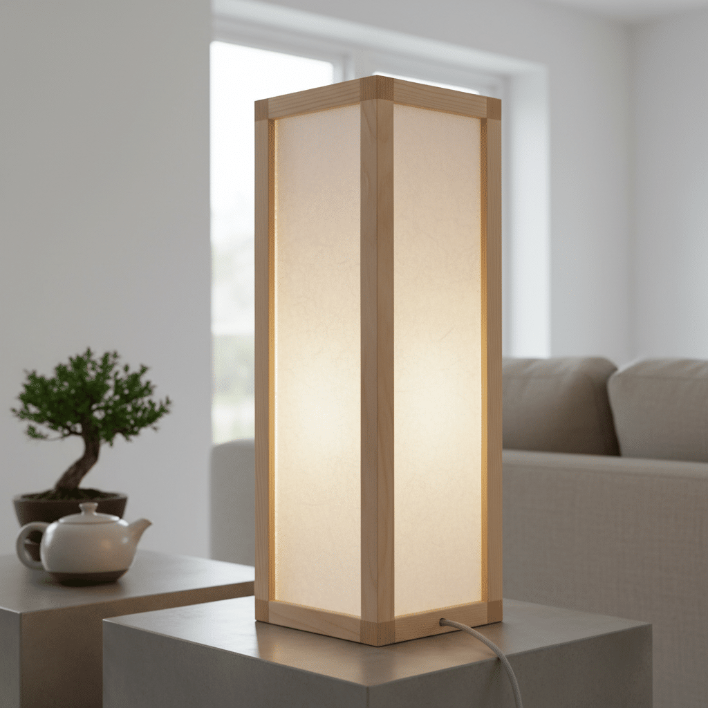 Modern lantern-style lamp on a table, enhancing a minimalist living room decor with natural and soft lighting.