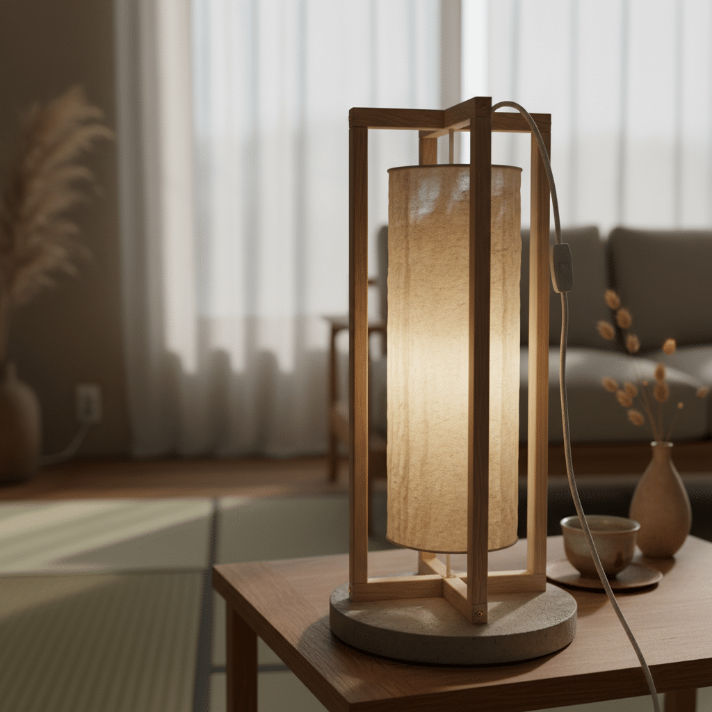 Modern wooden lamp on a table in a cozy living room, with a soft glow and elegant minimalist design.