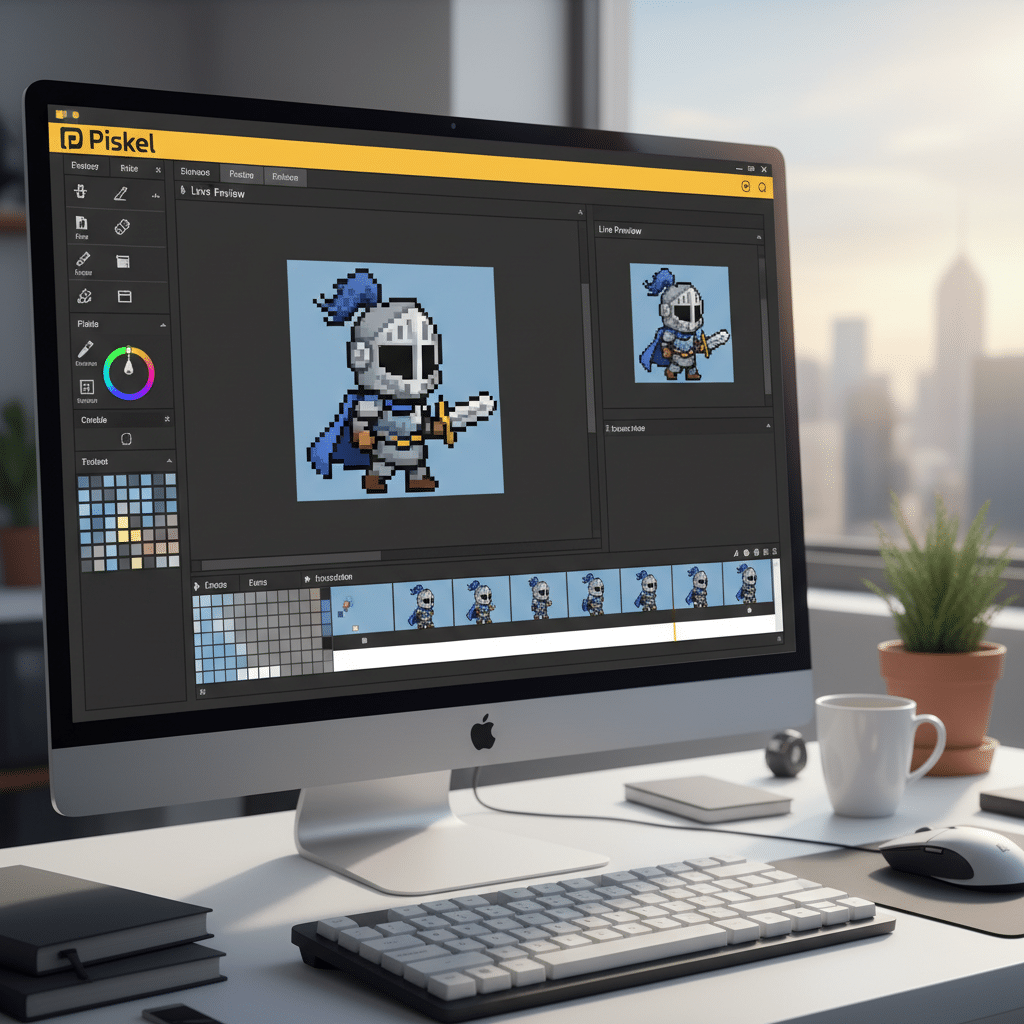 Pixel art knight design in progress on computer screen in a modern office setting.
