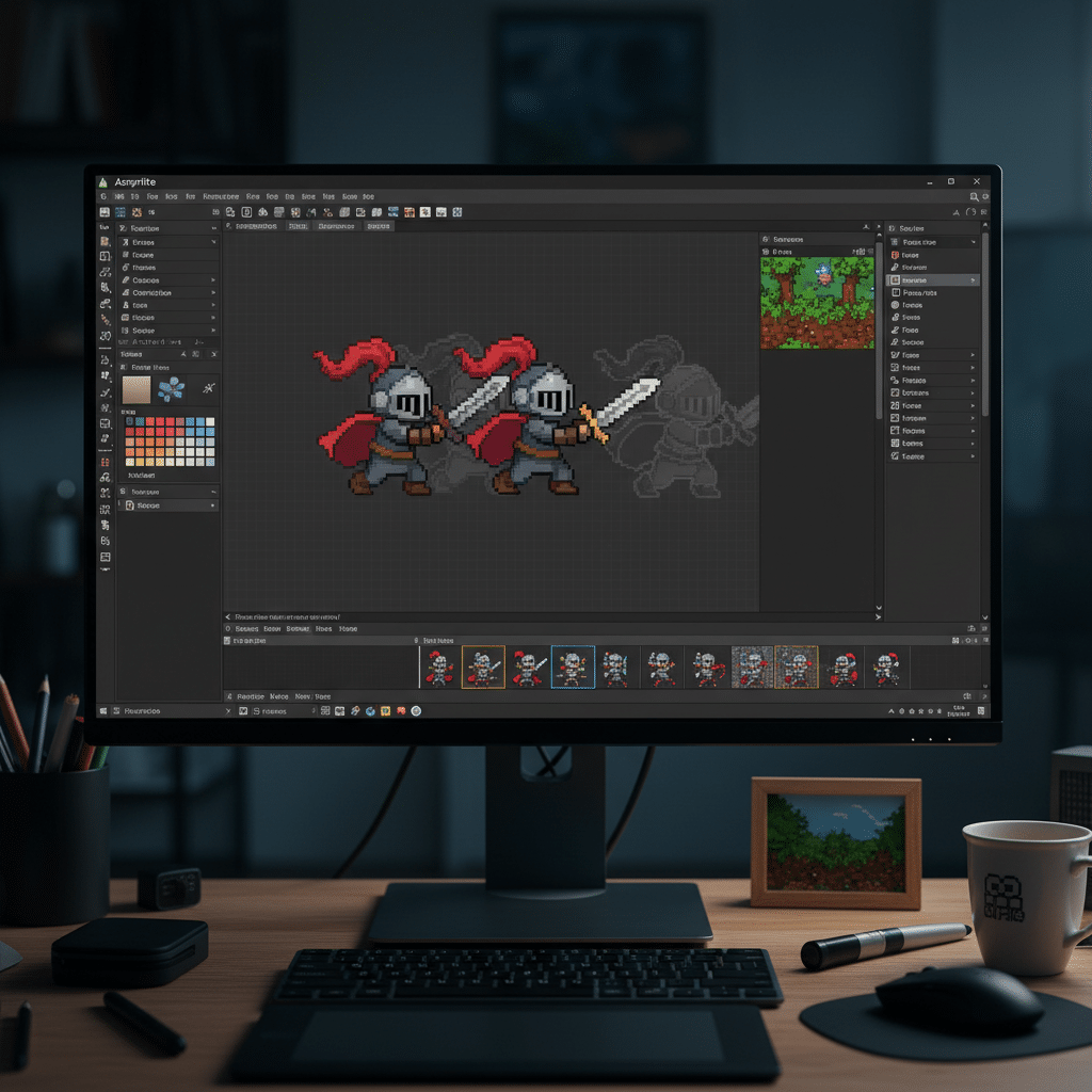 Computer screen displaying pixel art of two knights with swords and red capes, sitting on a desk with art supplies.