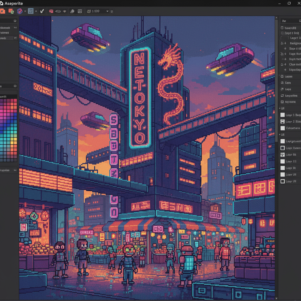 Pixel art of a futuristic cityscape at sunset with neon signs, flying cars, and people in a bustling market street.