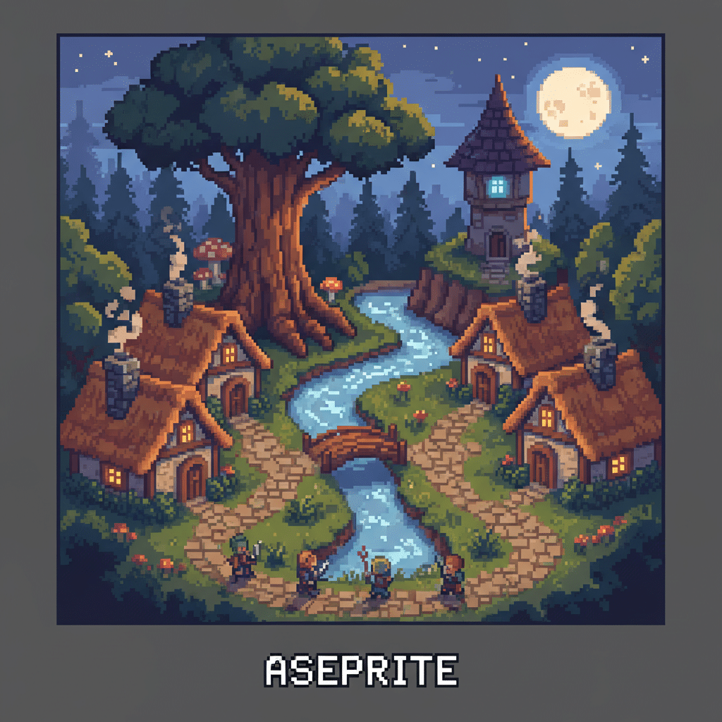 Charming pixel art village under a moonlit sky, featuring a river, cottages, and adventurers.