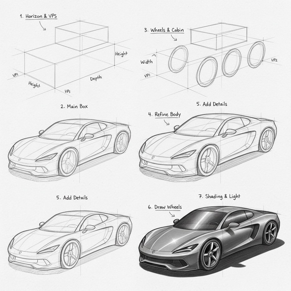 ai-photo-studio-1761661431530-1 1 Step-by-step guide to sketch a sports car: Horizon, main box, wheels, refine, details, wheels, shading. | Sky Rye Design Step-by-step guide to sketch a sports car: Horizon, main box, wheels, refine, details, wheels, shading.