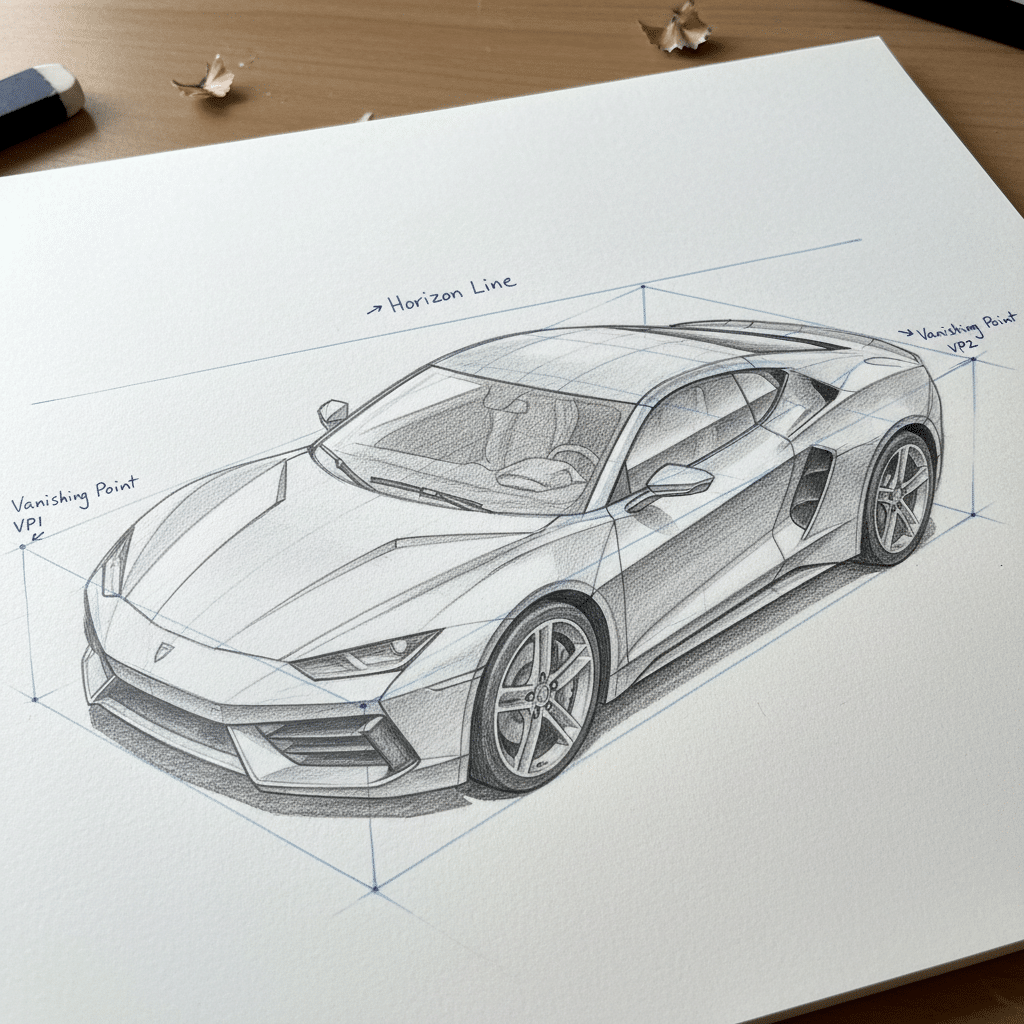ai-photo-studio-1761661433925-2 Pencil sketch of a sleek sports car with perspective guidelines on a desk, showcasing vanishing points and horizon line. | Sky Rye Design Pencil sketch of a sleek sports car with perspective guidelines on a desk, showcasing vanishing points and horizon line.