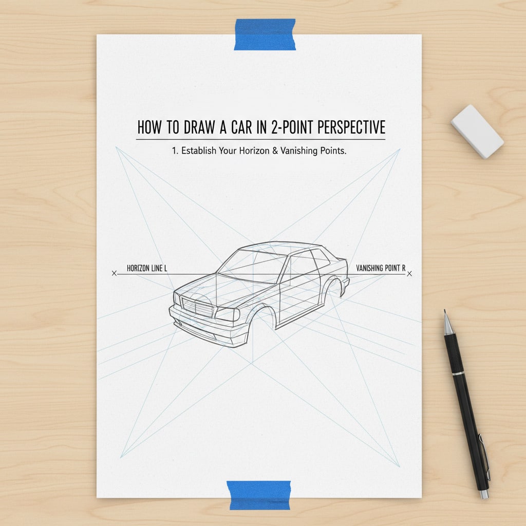 ai-photo-studio-1761662608123-1 Guide on drawing a car in 2-point perspective with horizon and vanishing points. | Sky Rye Design Guide on drawing a car in 2-point perspective with horizon and vanishing points.