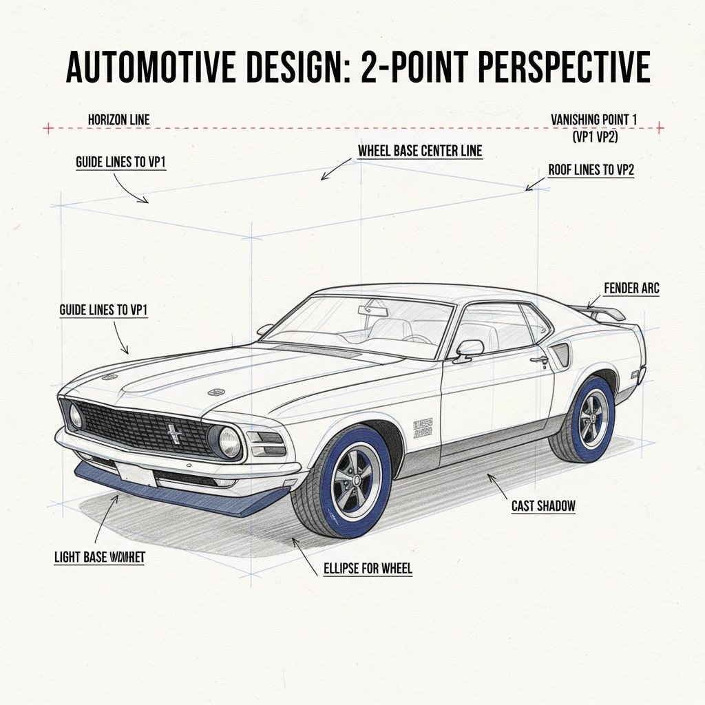 ai-photo-studio-1761662610322-2 Illustration of a car in 2-point perspective, showing design elements like vanishing points and guide lines. | Sky Rye Design Illustration of a car in 2-point perspective, showing design elements like vanishing points and guide lines.