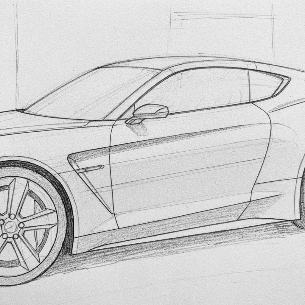 ai-photo-studio-1761662939888-1 Hand-drawn sketch of a sleek sports car, showcasing its aerodynamic design and elegant features. | Sky Rye Design Hand-drawn sketch of a sleek sports car, showcasing its aerodynamic design and elegant features.