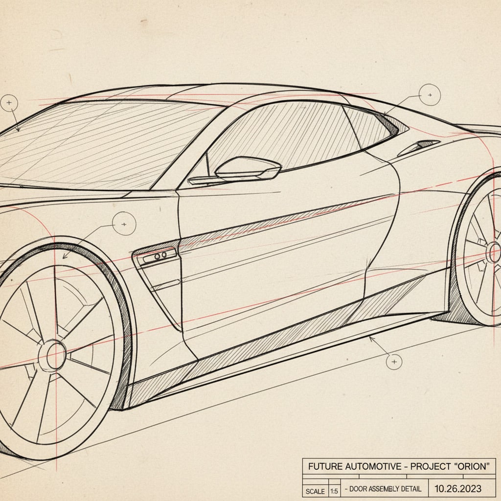 ai-photo-studio-1761662977312-2 Line sketch of a futuristic sports car design with detailed contours and annotations. | Sky Rye Design Line sketch of a futuristic sports car design with detailed contours and annotations.