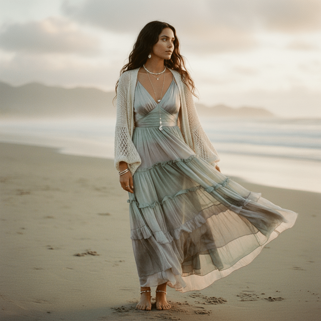 ai-photo-studio-1761670565610-1 Woman in a flowing dress on a sandy beach, enjoying a peaceful sunset by the ocean. | Sky Rye Design Woman in a flowing dress on a sandy beach, enjoying a peaceful sunset by the ocean.