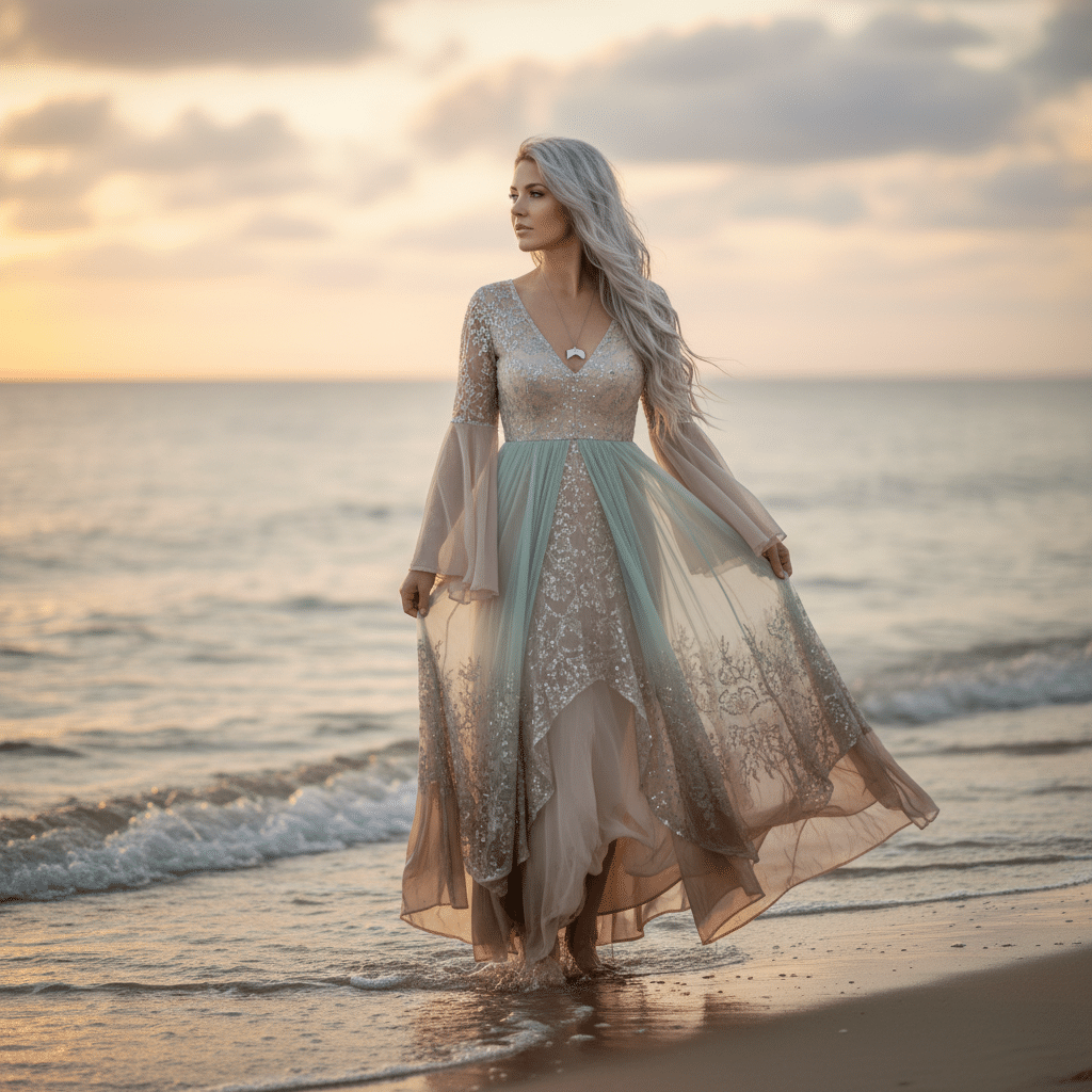 ai-photo-studio-1761670566774-2 Elegant woman in a flowing dress walking along the beach at sunset, embodying grace and tranquility. | Sky Rye Design Elegant woman in a flowing dress walking along the beach at sunset, embodying grace and tranquility.