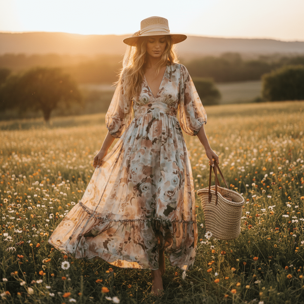 ai-photo-studio-1761670837698-1 Woman in floral dress and hat walking in a sunlit field of wildflowers, holding a straw bag. | Sky Rye Design Woman in floral dress and hat walking in a sunlit field of wildflowers, holding a straw bag.