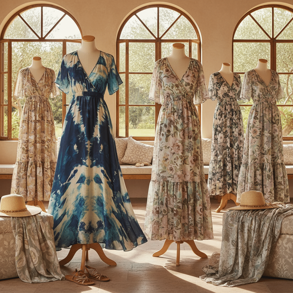 ai-photo-studio-1761670839048-2 Floral and tie-dye maxi dresses on display mannequins in a sunlit room with arched windows. | Sky Rye Design Floral and tie-dye maxi dresses on display mannequins in a sunlit room with arched windows.