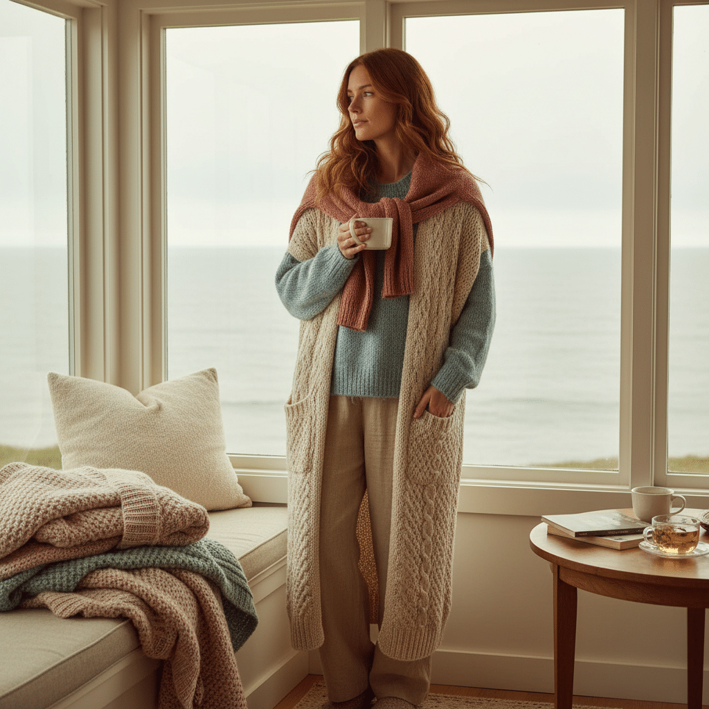 ai-photo-studio-1761670878228-1 Cozy woman in knitwear enjoying tea by the window with ocean view. Warm home setting with blankets and books. | Sky Rye Design Cozy woman in knitwear enjoying tea by the window with ocean view. Warm home setting with blankets and books.