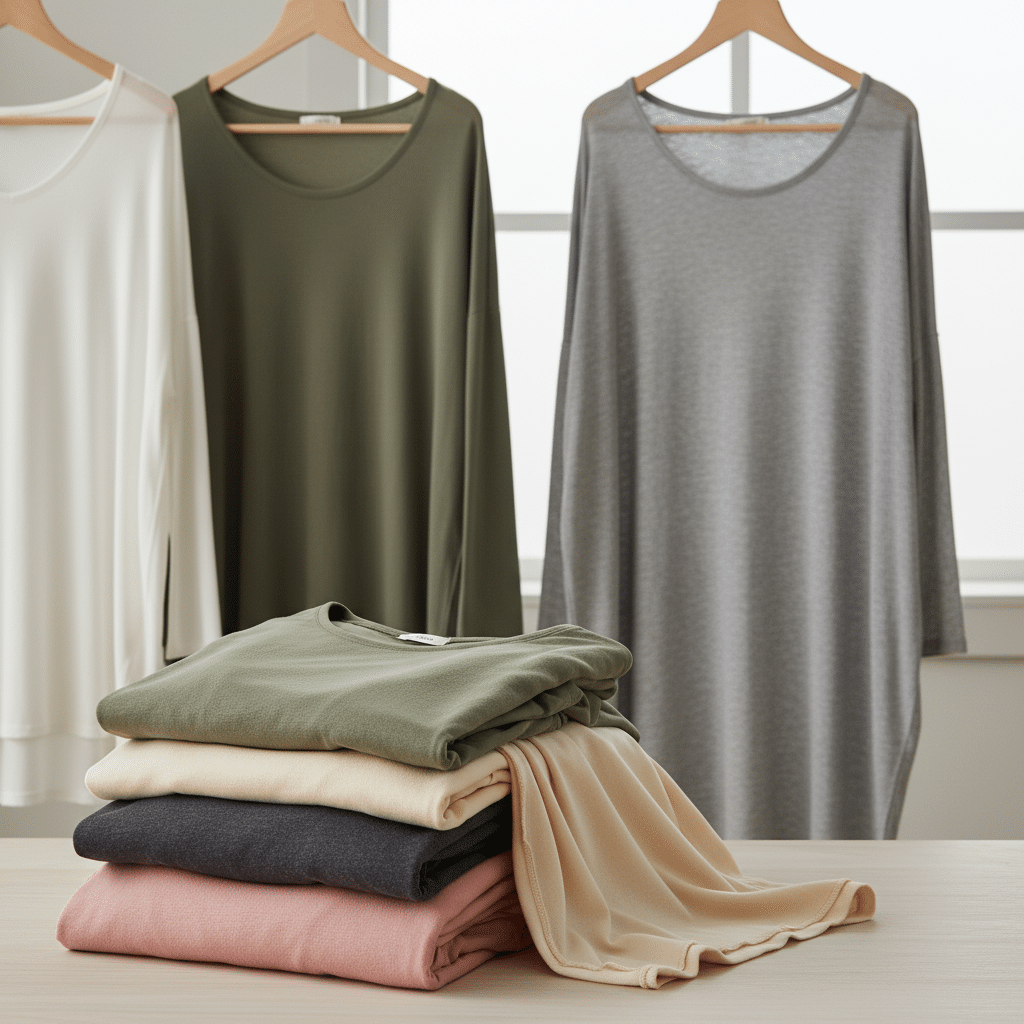 ai-photo-studio-1761670921926-1 Neutral-toned long-sleeve shirts on hangers and folded on table, showcasing minimalist fashion style. | Sky Rye Design Neutral-toned long-sleeve shirts on hangers and folded on table, showcasing minimalist fashion style.