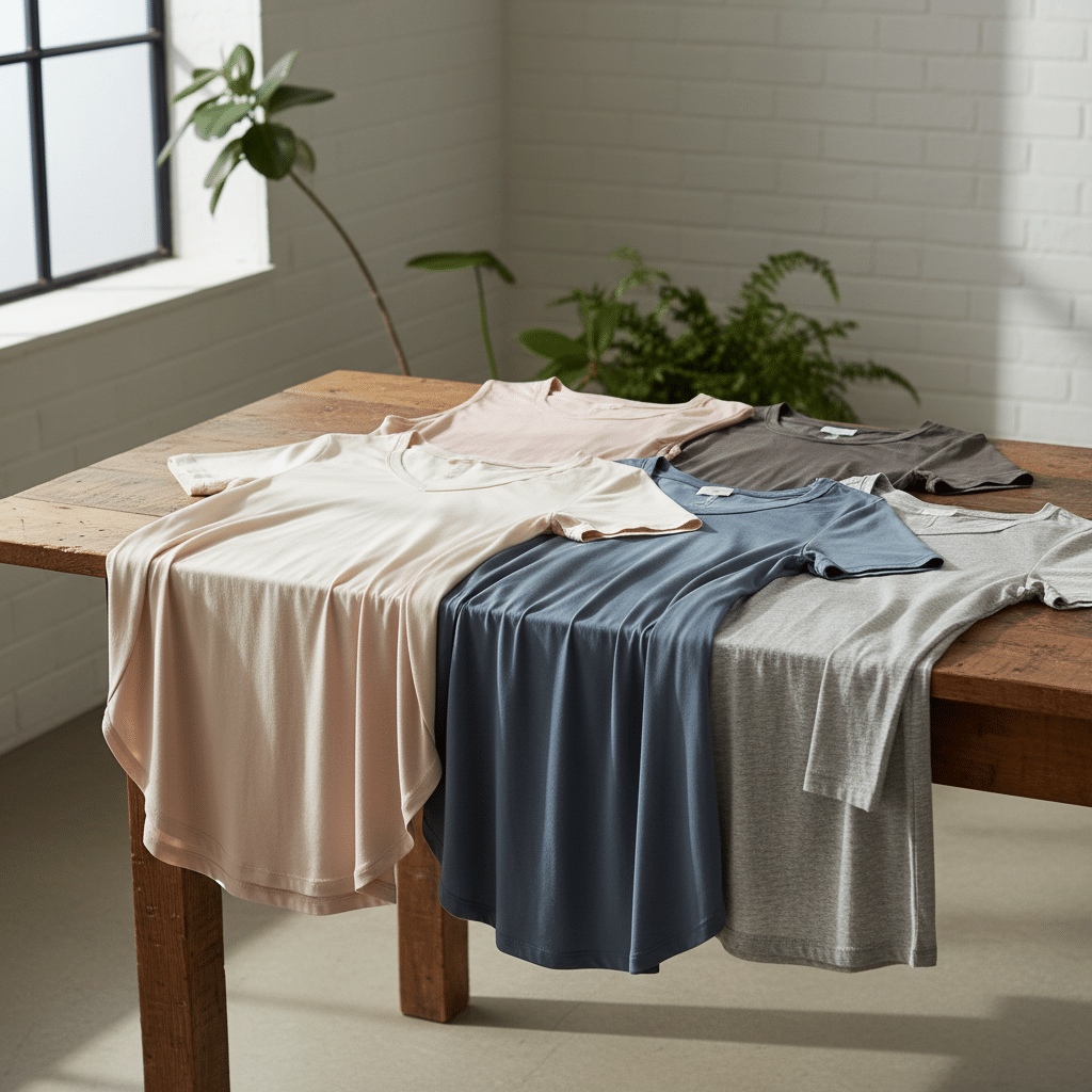 ai-photo-studio-1761670923458-2 Assorted soft cotton t-shirts in pastel tones displayed on a wooden table in a sunlit room. | Sky Rye Design Assorted soft cotton t-shirts in pastel tones displayed on a wooden table in a sunlit room.