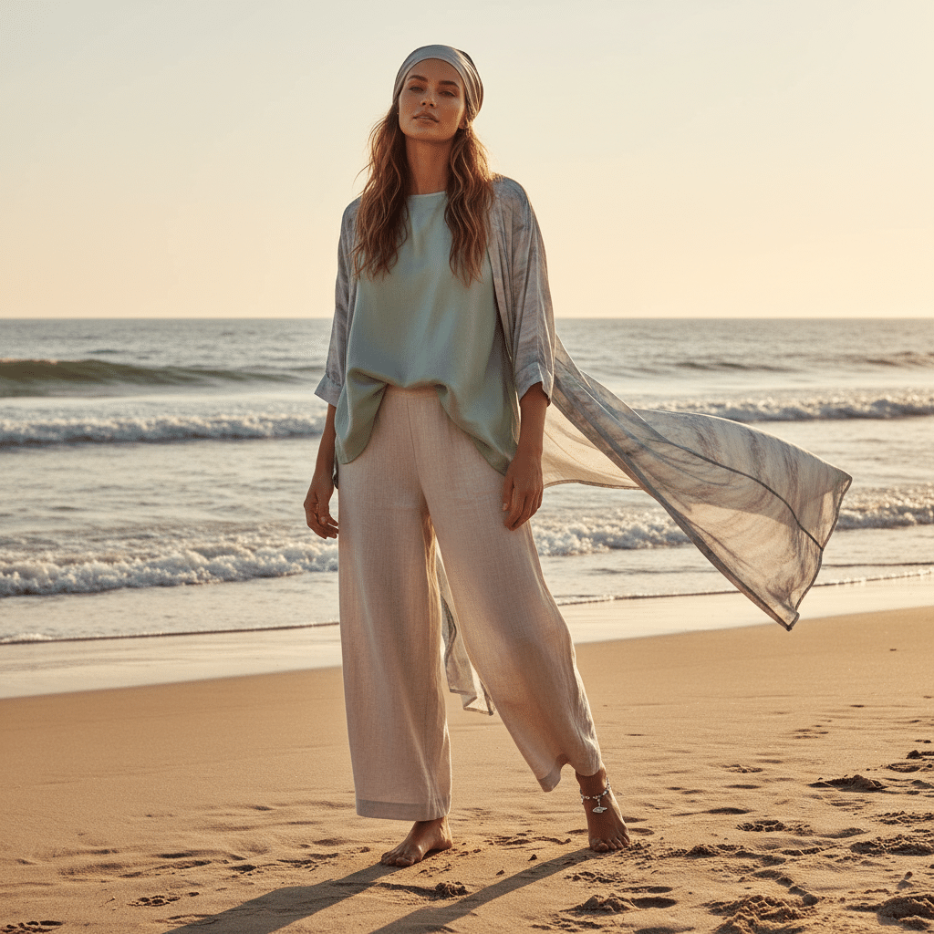 ai-photo-studio-1761670977789-2 Woman in flowy outfit on a beach at sunset, wearing a headscarf. | Sky Rye Design Woman in flowy outfit on a beach at sunset, wearing a headscarf.