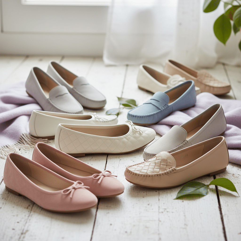 ai-photo-studio-1761671104443-2 Collection of women's pastel loafers and ballet flats displayed on rustic wooden floor with soft fabric and greenery. | Sky Rye Design Collection of women's pastel loafers and ballet flats displayed on rustic wooden floor with soft fabric and greenery.