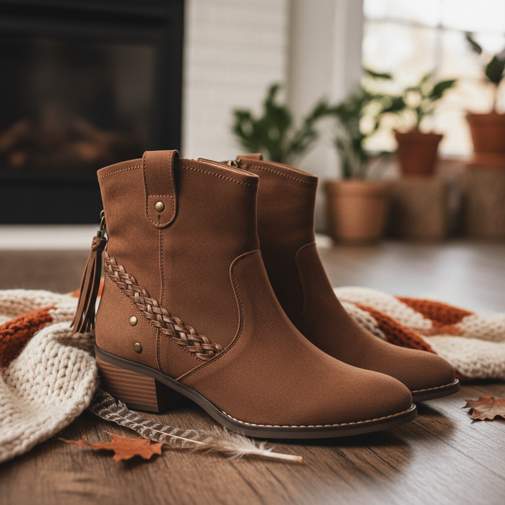 ai-photo-studio-1761671130841-2 Brown ankle boots with braided detail on a wooden floor, surrounded by autumn decor and a knit blanket. | Sky Rye Design Brown ankle boots with braided detail on a wooden floor, surrounded by autumn decor and a knit blanket.