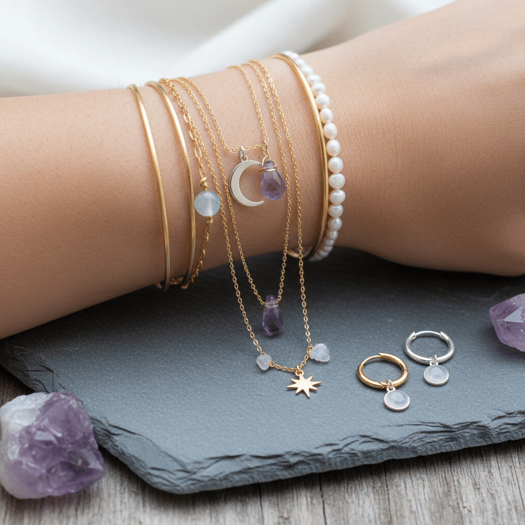 ai-photo-studio-1761671184027-1 Person wearing gold bangles and layered moon charm necklaces with gemstones on slate surface. | Sky Rye Design Person wearing gold bangles and layered moon charm necklaces with gemstones on slate surface.