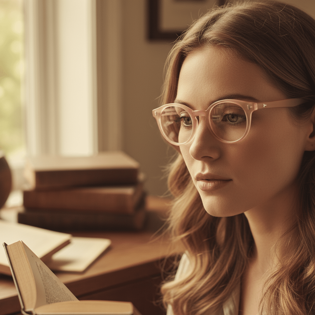 ai-photo-studio-1761671224291-1 Woman in pink glasses reading a book by a window, surrounded by stacked books on a cozy wooden desk. | Sky Rye Design Woman in pink glasses reading a book by a window, surrounded by stacked books on a cozy wooden desk.