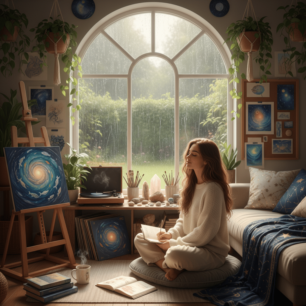 ai-photo-studio-1761671932783-1 Woman meditating and journaling in cozy art studio with galaxy paintings, plants, and a rainy garden view through the window. | Sky Rye Design Woman meditating and journaling in cozy art studio with galaxy paintings, plants, and a rainy garden view through the window.