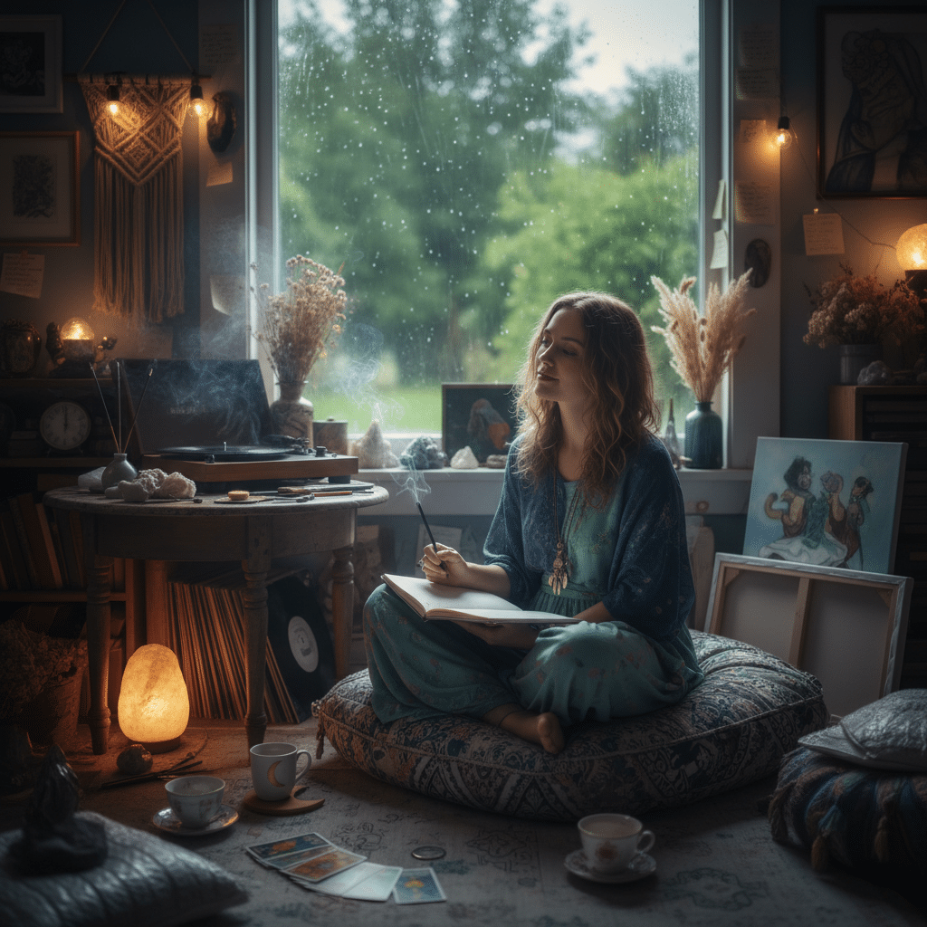 ai-photo-studio-1761671934382-2 Woman writing in cozy room on rainy day, surrounded by art and decor. Peaceful and creative atmosphere. | Sky Rye Design Woman writing in cozy room on rainy day, surrounded by art and decor. Peaceful and creative atmosphere.