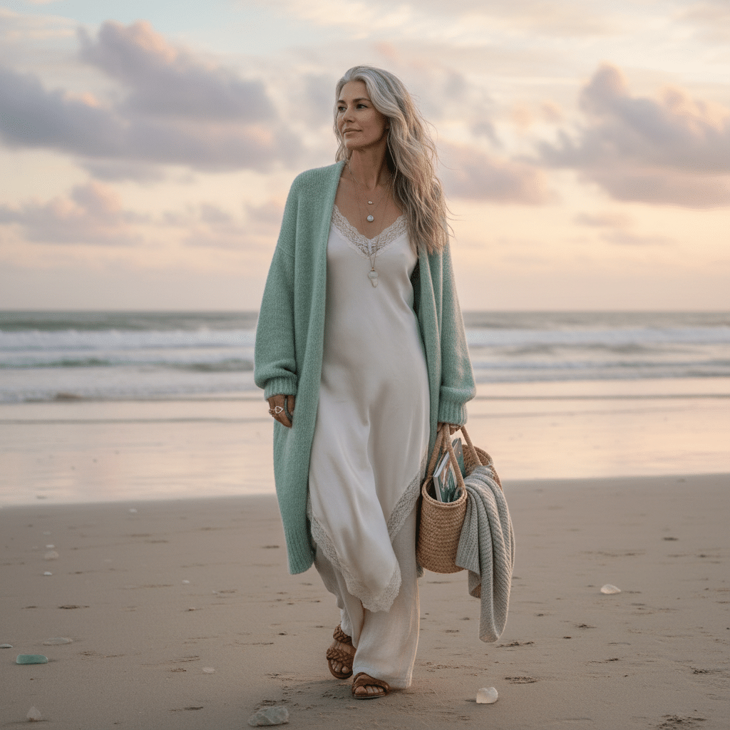 ai-photo-studio-1761672067843-1 Woman in a light dress and cardigan walking on a beach at sunset, carrying a woven bag. | Sky Rye Design Woman in a light dress and cardigan walking on a beach at sunset, carrying a woven bag.