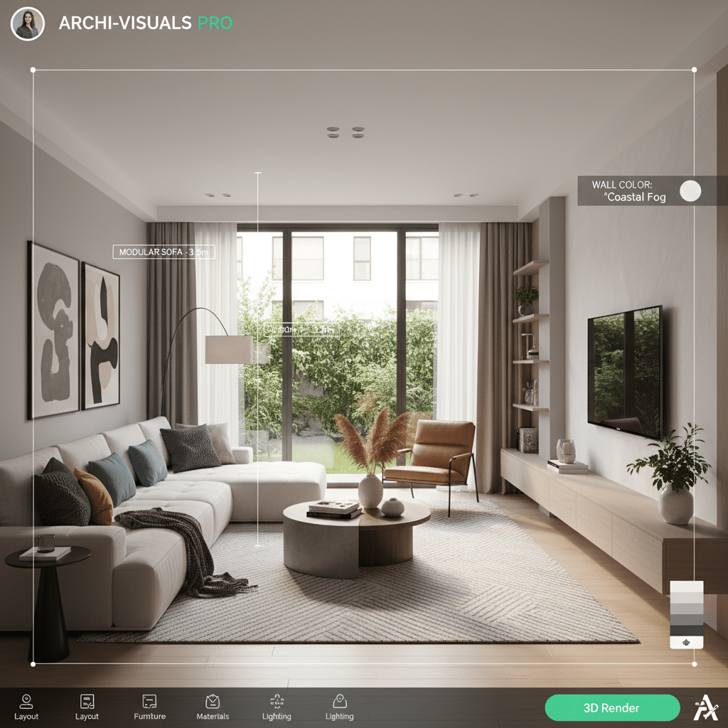 ai-photo-studio-1761723493558-1 Modern living room with modular sofa, armchair, and coffee table, featuring neutral tones and large window. | Sky Rye Design Modern living room with modular sofa, armchair, and coffee table, featuring neutral tones and large window.