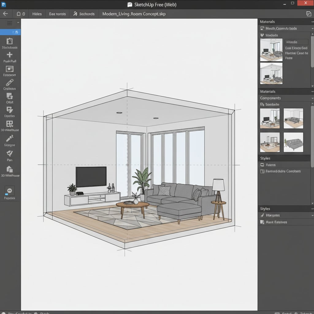 ai-photo-studio-1761725238179-1 3D model of a modern living room in SketchUp, featuring a sectional sofa, coffee table, TV, and decor elements. | Sky Rye Design 3D model of a modern living room in SketchUp, featuring a sectional sofa, coffee table, TV, and decor elements.