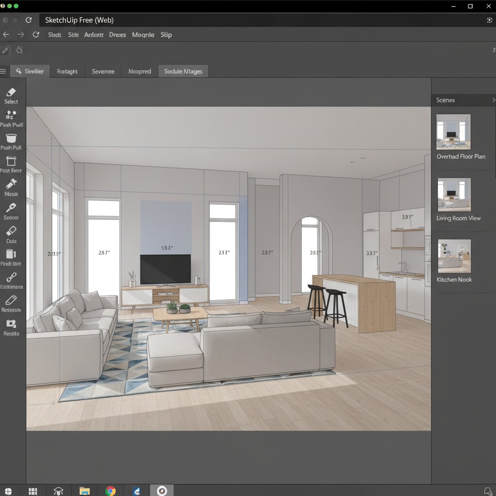 ai-photo-studio-1761725278621-1 Modern open-concept living room design in SketchUp software with sectional sofa and kitchen area. | Sky Rye Design Modern open-concept living room design in SketchUp software with sectional sofa and kitchen area.