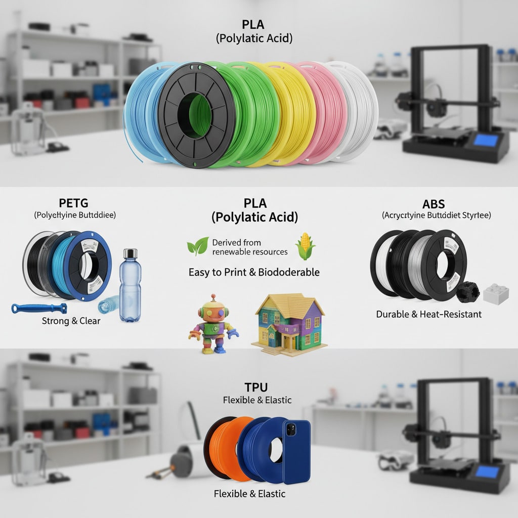 ai-photo-studio-1761740803721-1 3D printer filaments: PLA, ABS, PETG, and TPU; highlighting properties like durability, flexibility, and biodegradability. | Sky Rye Design 3D printer filaments: PLA, ABS, PETG, and TPU; highlighting properties like durability, flexibility, and biodegradability.