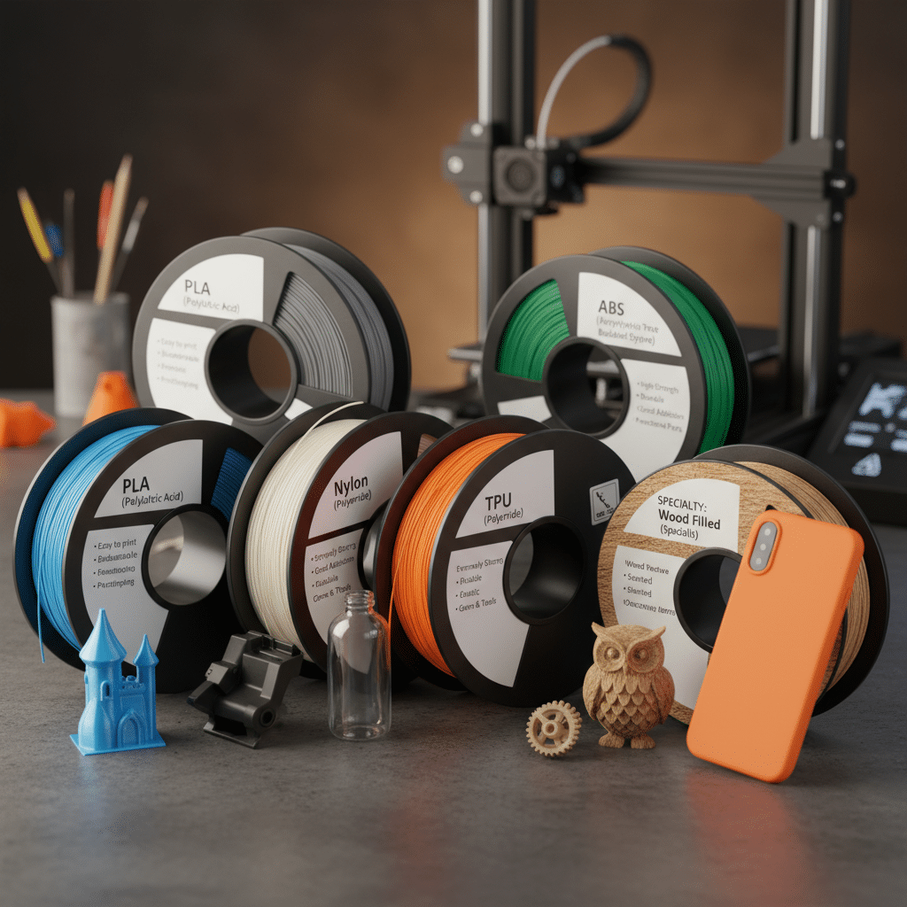 ai-photo-studio-1761740851971-1 Various 3D printer filament spools with printed objects and phone case on a table, showcasing material diversity. | Sky Rye Design Various 3D printer filament spools with printed objects and phone case on a table, showcasing material diversity.