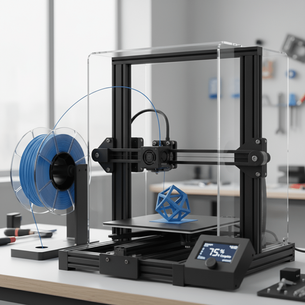ai-photo-studio-1761741055419-2 3D printer creating a blue geometric object in a modern workspace. | Sky Rye Design 3D printer creating a blue geometric object in a modern workspace.