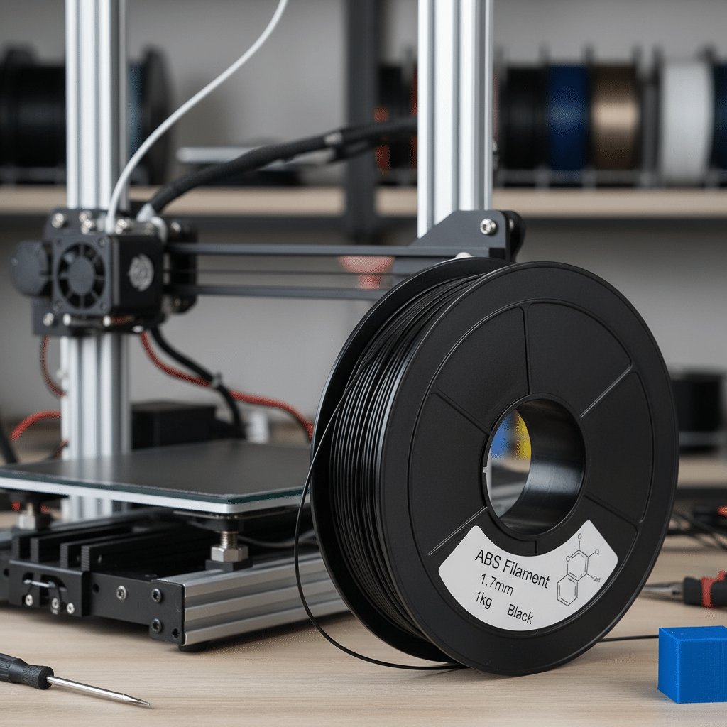 ai-photo-studio-1761741524485-2 Black ABS filament spool in front of a 3D printer on a wooden desk. | Sky Rye Design Black ABS filament spool in front of a 3D printer on a wooden desk.