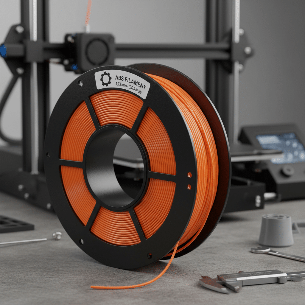 ai-photo-studio-1761741532234-1 Orange ABS filament spool beside a 3D printer and tools, ready for 3D printing projects. | Sky Rye Design Orange ABS filament spool beside a 3D printer and tools, ready for 3D printing projects.