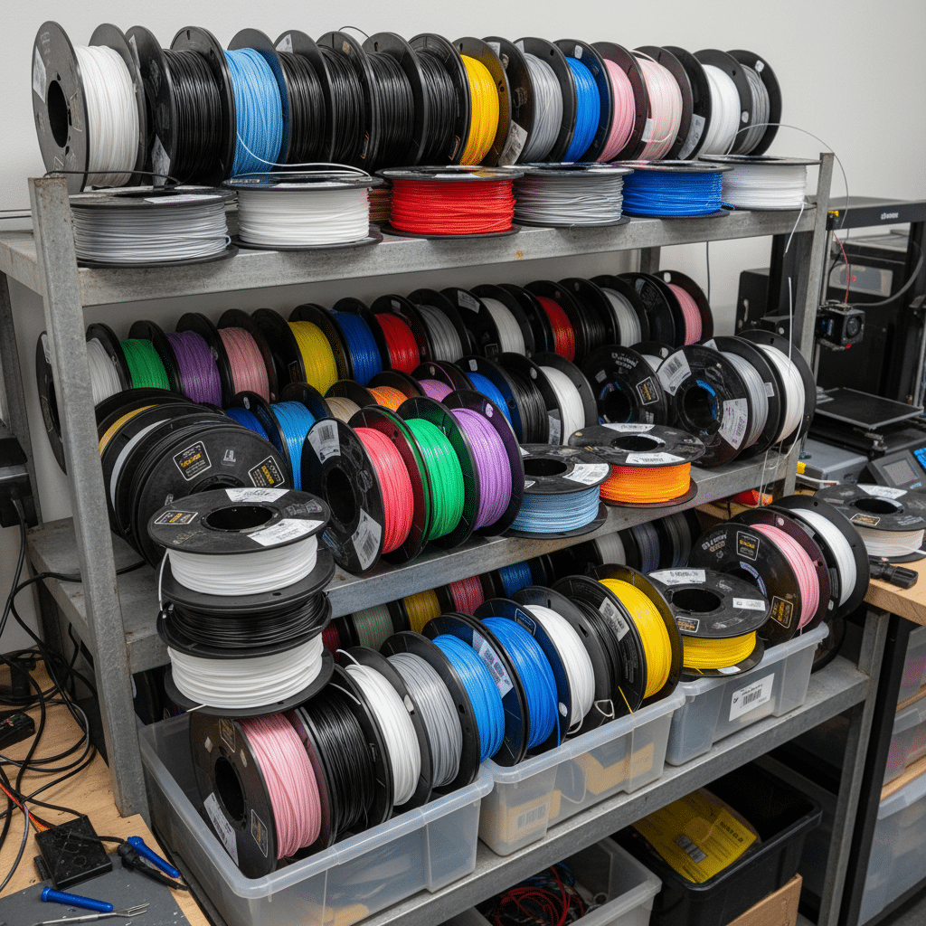ai-photo-studio-1761741738475-2 Shelves filled with colorful 3D printer filament spools in a workshop setting. | Sky Rye Design Shelves filled with colorful 3D printer filament spools in a workshop setting.