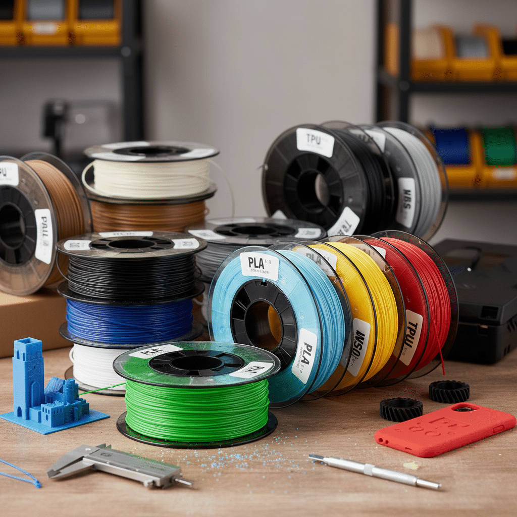 ai-photo-studio-1761742595737-2 Various 3D printer filament spools on a table, showcasing different colors and materials for printing projects. | Sky Rye Design Various 3D printer filament spools on a table, showcasing different colors and materials for printing projects.