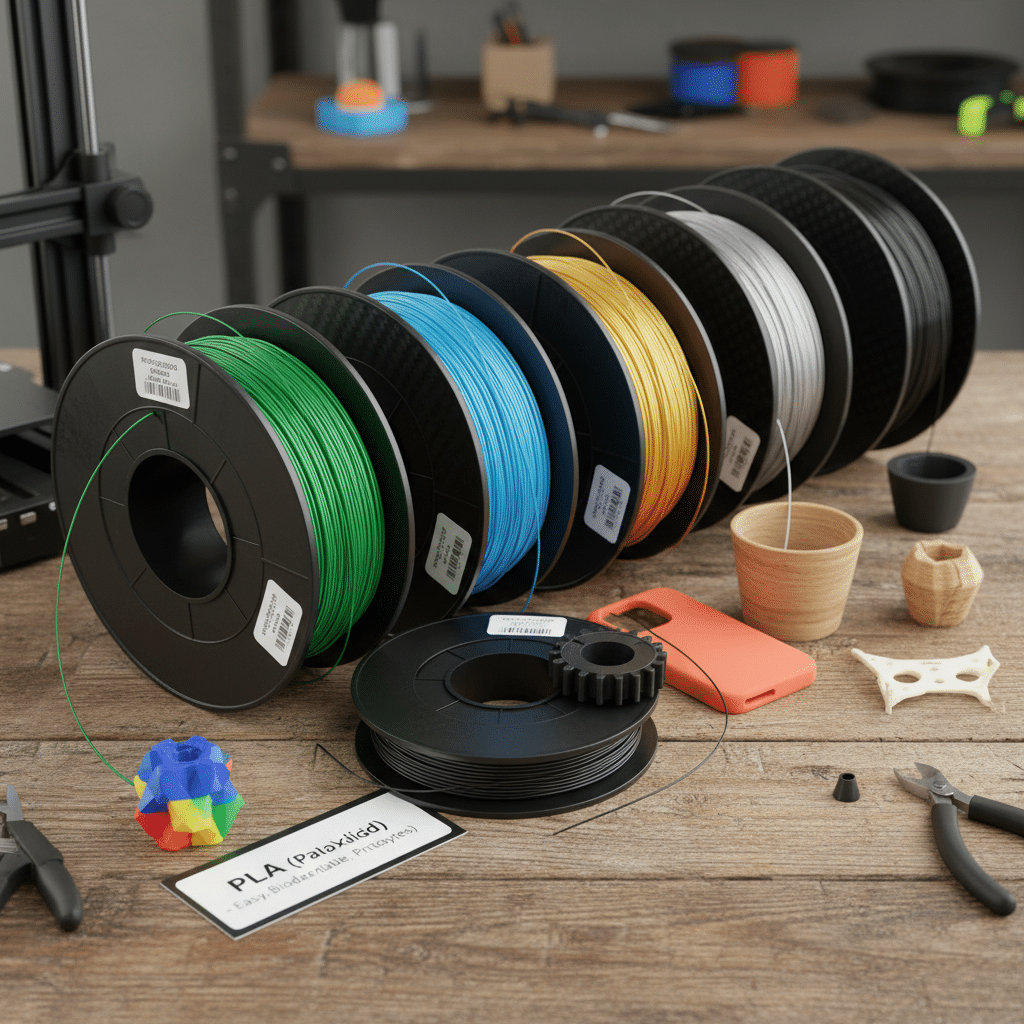 ai-photo-studio-1761742599693-1 Spools of colorful 3D printer filament on a workshop table, with tools and printed objects nearby. | Sky Rye Design Spools of colorful 3D printer filament on a workshop table, with tools and printed objects nearby.