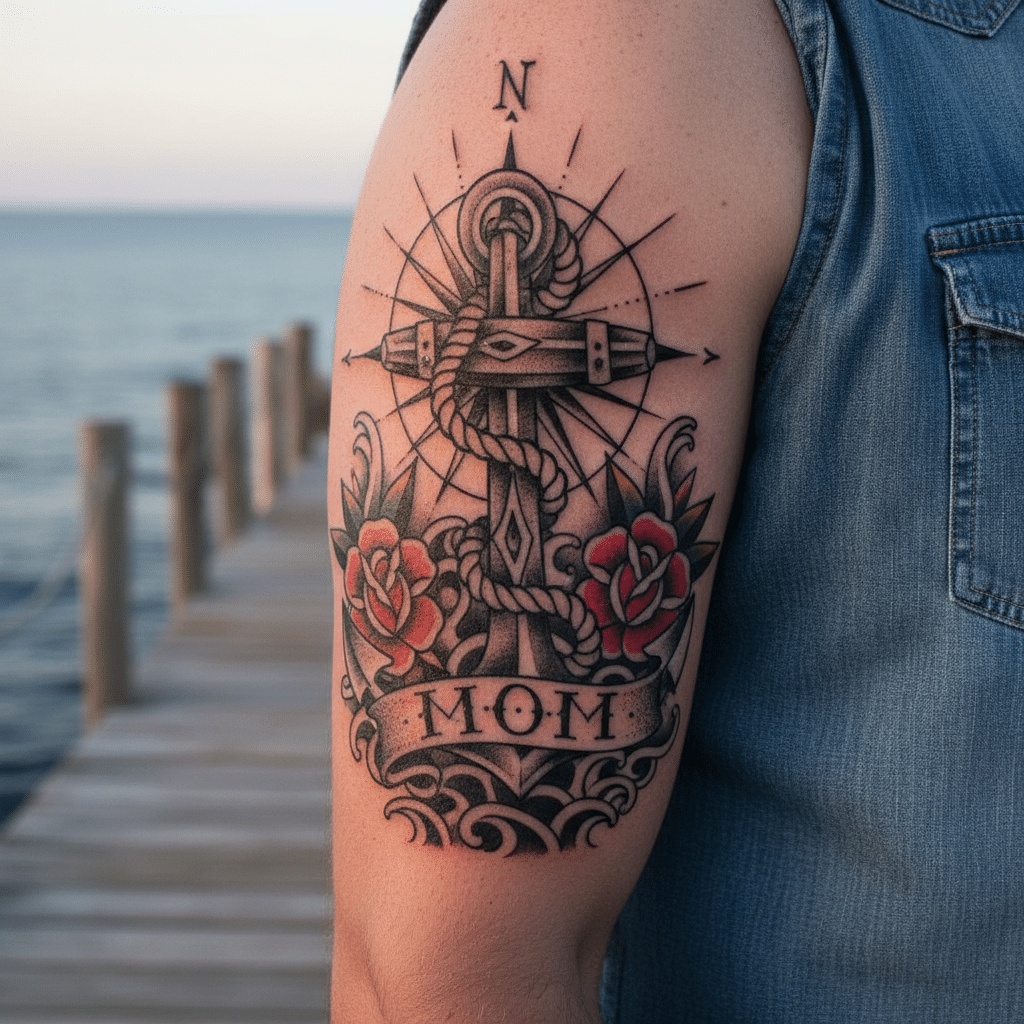 Arm tattoo featuring an anchor, roses, and MOM banner, set against a seaside boardwalk background.