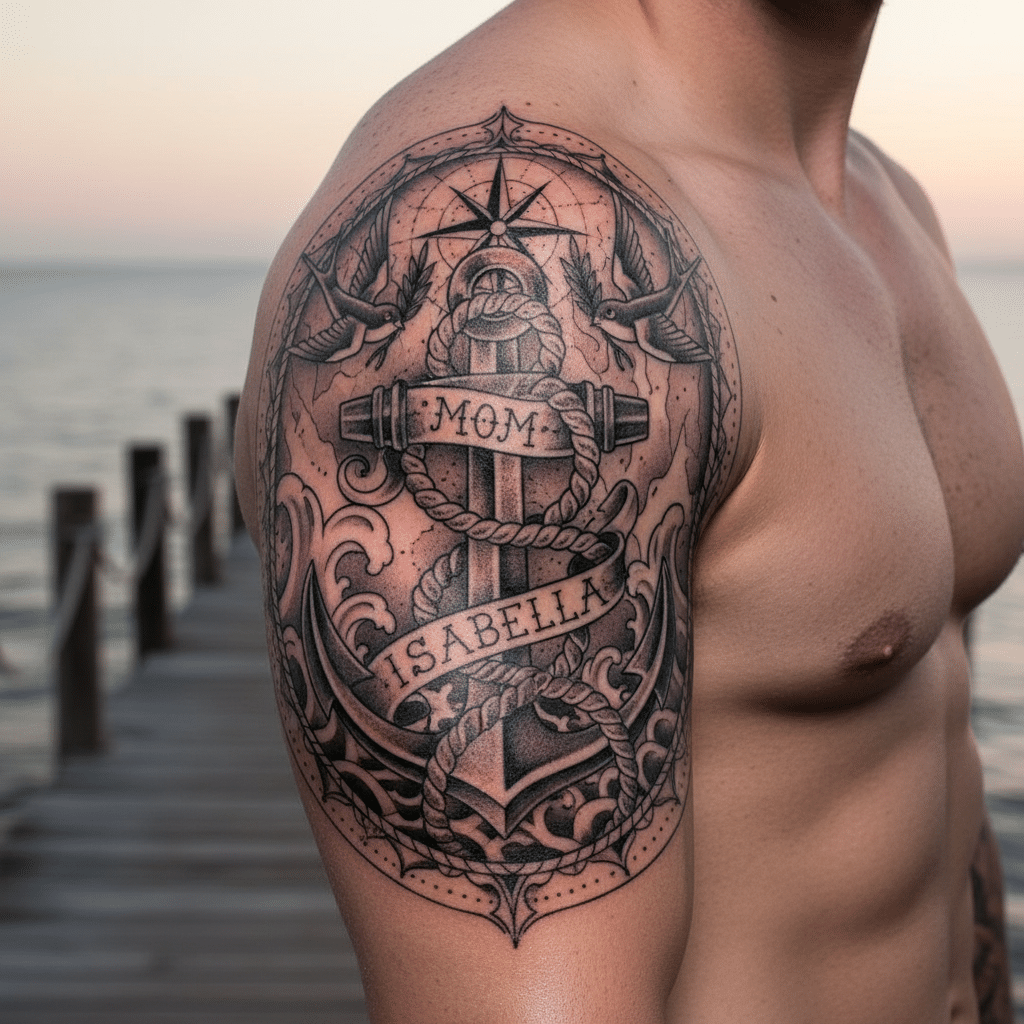 Ornate shoulder tattoo of anchor, compass, birds, and banners reading Mom and Isabella by the sea at sunset.