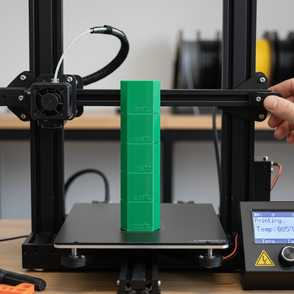 ai-photo-studio-1761809294635-2 3D printer creating a green temperature tower, displaying various temperatures on a digital control panel. | Sky Rye Design 3D printer creating a green temperature tower, displaying various temperatures on a digital control panel.