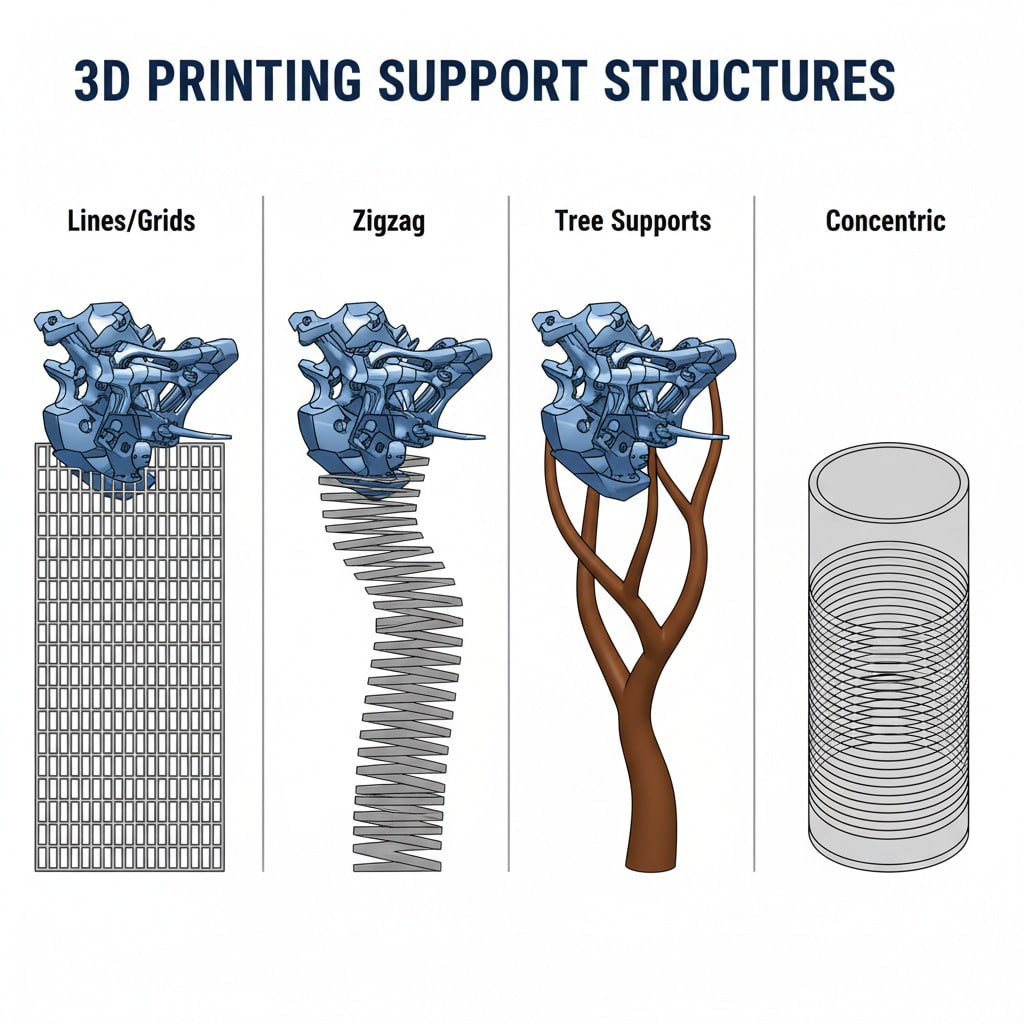 ai-photo-studio-1761809677793-1 Illustration of 3D printing support structures: Lines/Grids, Zigzag, Tree Supports, and Concentric designs. | Sky Rye Design Illustration of 3D printing support structures: Lines/Grids, Zigzag, Tree Supports, and Concentric designs.