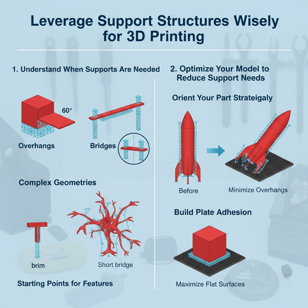 ai-photo-studio-1761809680381-2 Infographic on optimizing 3D printing with support structures, including overhangs and build plate adhesion. | Sky Rye Design Infographic on optimizing 3D printing with support structures, including overhangs and build plate adhesion.