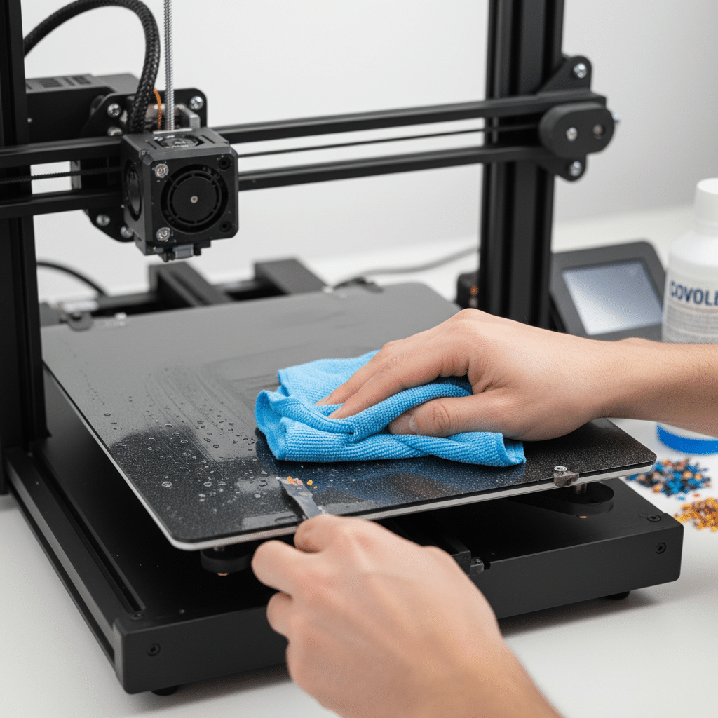 ai-photo-studio-1761812422615-1 Cleaning a 3D printer bed with a blue cloth for optimal printing performance. | Sky Rye Design Cleaning a 3D printer bed with a blue cloth for optimal printing performance.