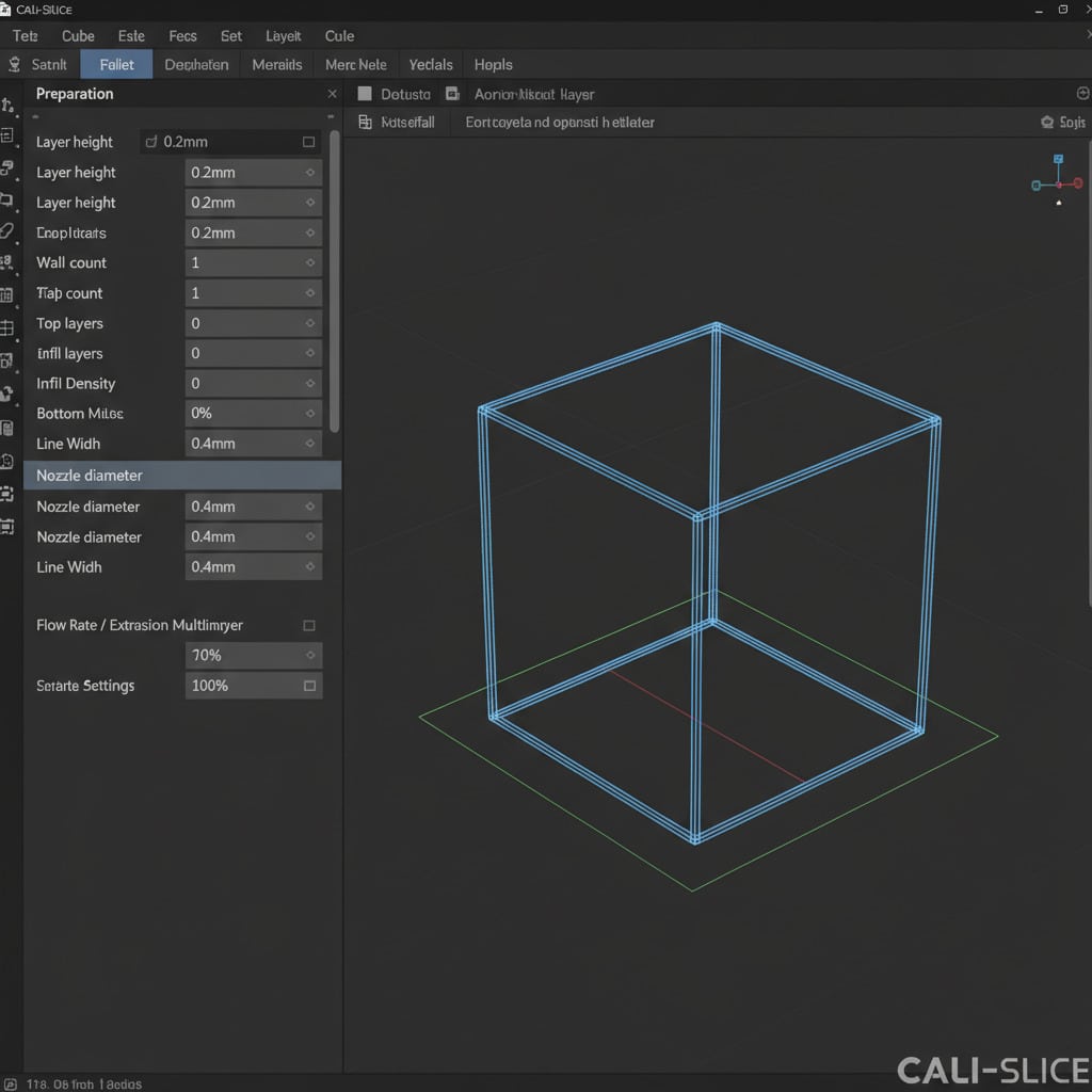 ai-photo-studio-1761813281383-1 1 3D printing software interface displaying cube model with settings menu on left. | Sky Rye Design 3D printing software interface displaying cube model with settings menu on left.