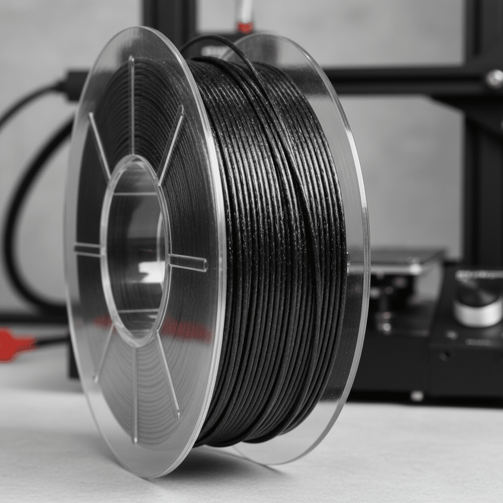ai-photo-studio-1761828253565-1 Black 3D printer filament spool on a table, ready for high-quality additive manufacturing projects. | Sky Rye Design Black 3D printer filament spool on a table, ready for high-quality additive manufacturing projects.