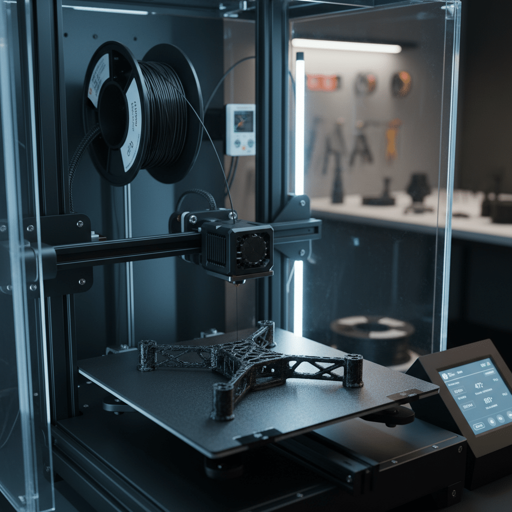 ai-photo-studio-1761831883721-2 A 3D printer creating a detailed, structured component with precision in a modern laboratory setting. | Sky Rye Design A 3D printer creating a detailed, structured component with precision in a modern laboratory setting.
