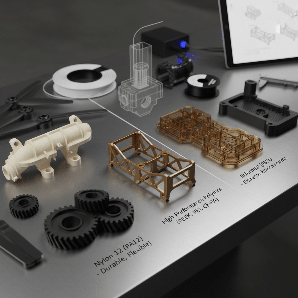 ai-photo-studio-1761845430439-1 Various 3D-printed components on a table, showcasing different materials like nylon and high-performance polymers. | Sky Rye Design Various 3D-printed components on a table, showcasing different materials like nylon and high-performance polymers.
