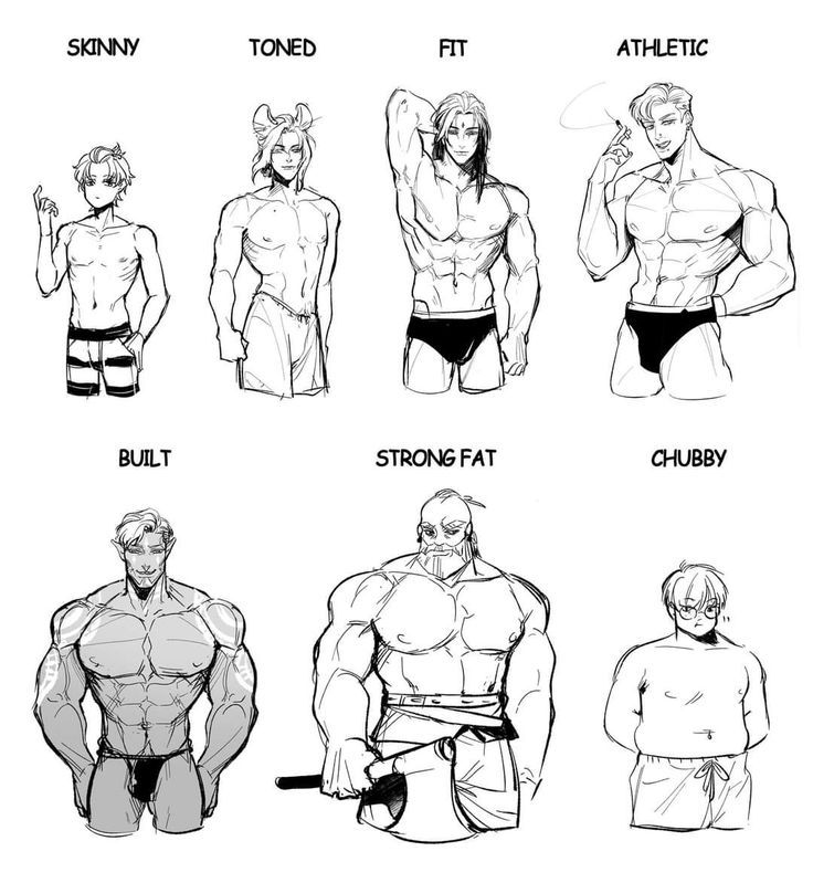 Illustration of various male body types: skinny, toned, fit, athletic, built, strong fat, and chubby.